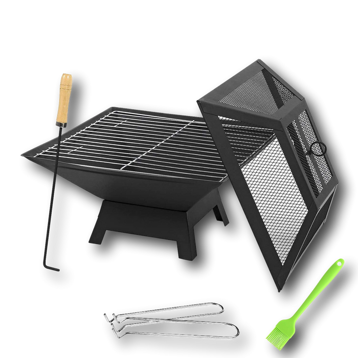 Square Outdoor Black Fire Pit Steel BBQ Patio Garden Camping Fire Pit Grill Modern